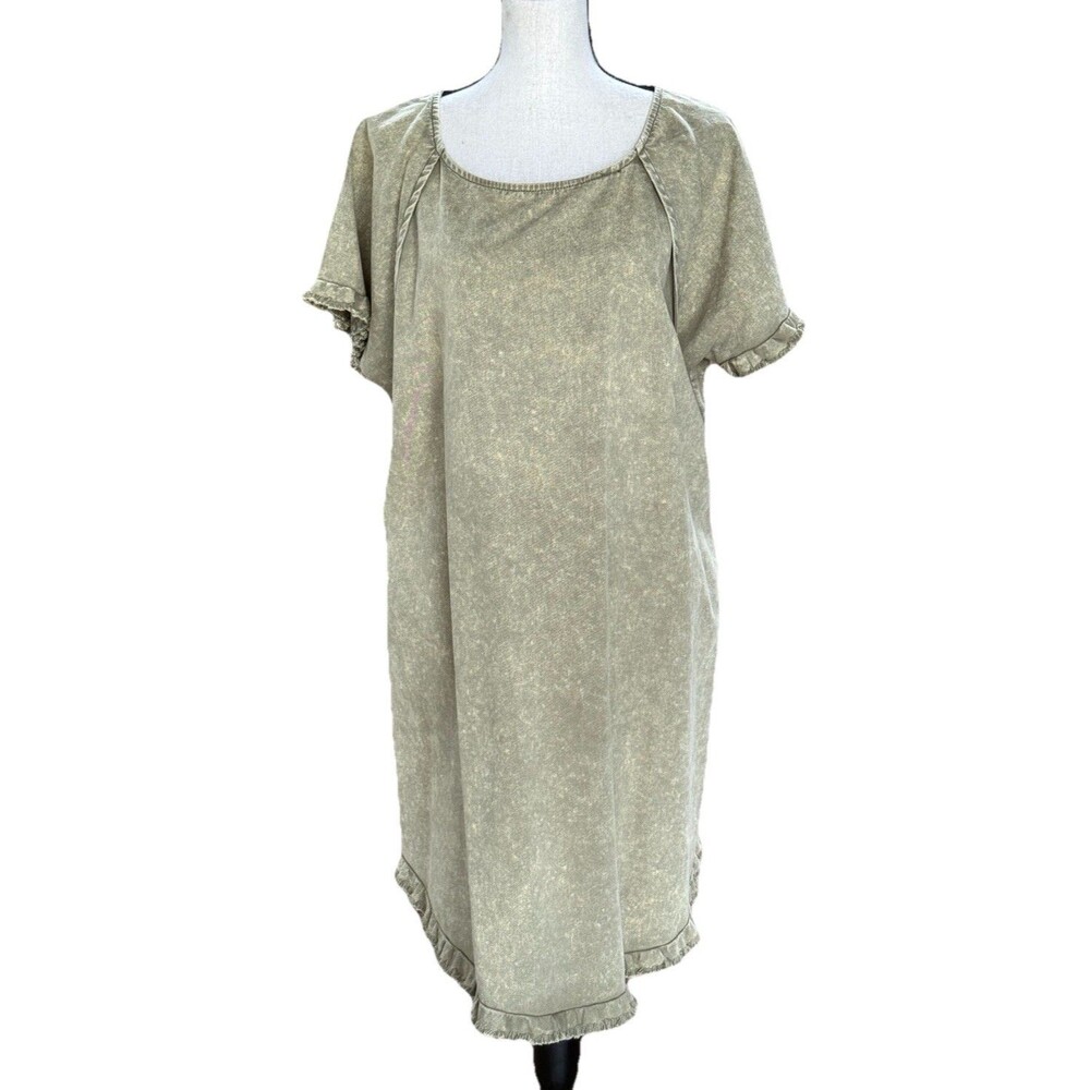 Umgee Denim Mineral Wash Frayed Ruffle High Low T-Shirt Dress Olive Green XL